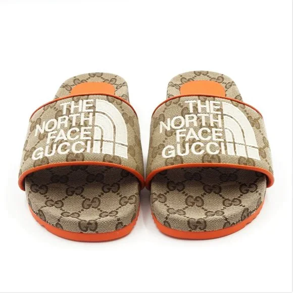 New in Blemished Box Women's The North Face x Gucci Beige & Orange Slides US 6 - Picture 2 of 16